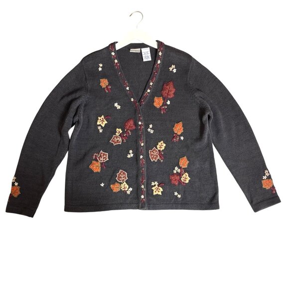 Vintage Bobbie Brooks Womens Gray Fall Cardigan Sweater Embroidered Sz XL 16/18 - Picture 1 of 15